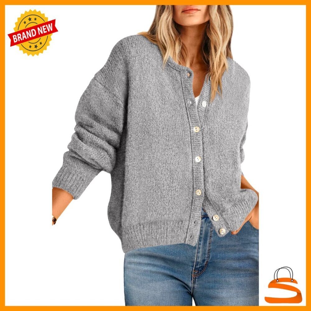 Chunky Knit Cardigan Open Front Long Sleeve Crewneck Lightweight Sweater